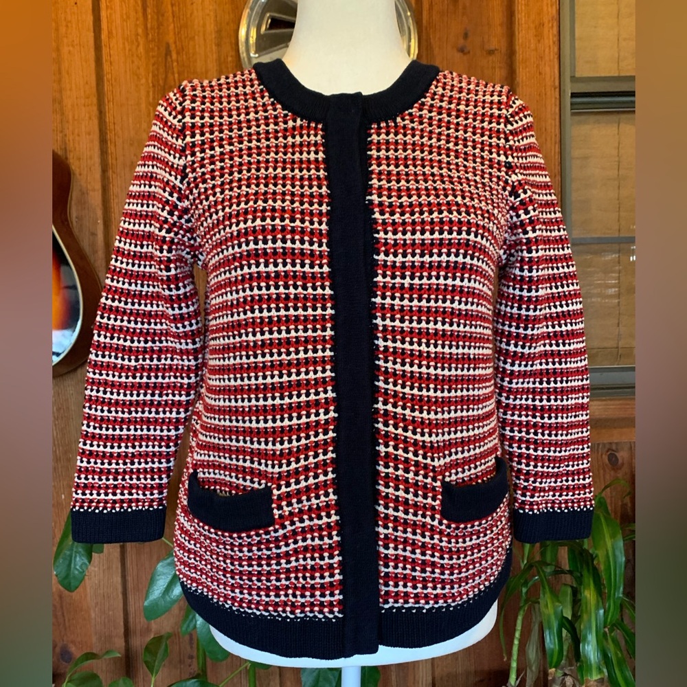 Talbots Red White Blue Chunky Knit Snap Front Cardigan Sweater Size LP